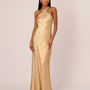 Adrianna Papell Foiled Mermaid Gown with Halter Neckline in Light Gold